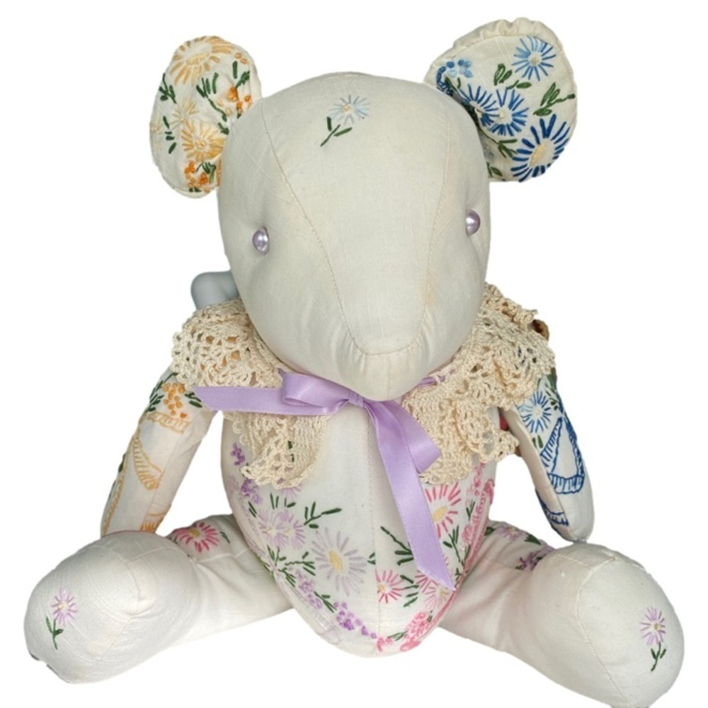TEDDY Bear Handmade from 1940’s Embroidery Table Cloth Crochet Collar 15”
